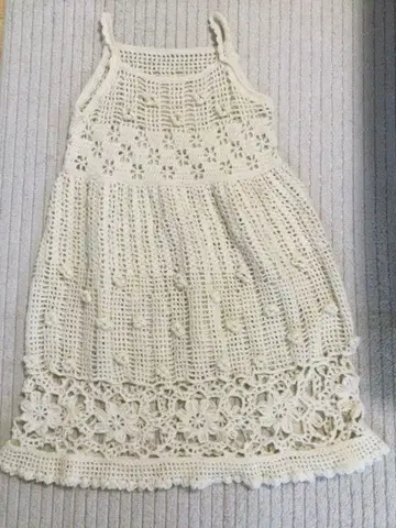 아이보리 크로 셰 뜨개질 슬리브리스 롱 원피스 손뜨개질