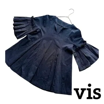 vis 비스 프릴 소매 티셔츠 V넥 블랙