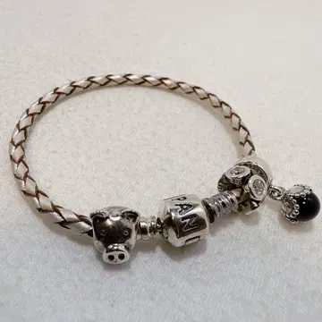 PANDORA 판도라 ALE 925 3점 참 가죽 끈 돼지 팔찌