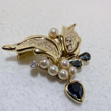 마조리카 펄 925 골드 컬러 블루 큐빅 브로치