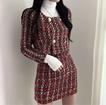 레드, 화이트 스커트 트위드 체크 무늬 셋업