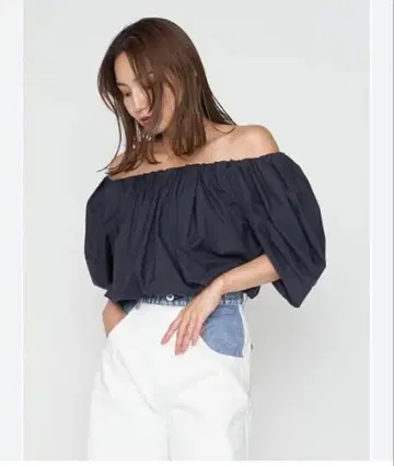 FRAY I D 2way 퍼프 슬리브 블라우스 네이비