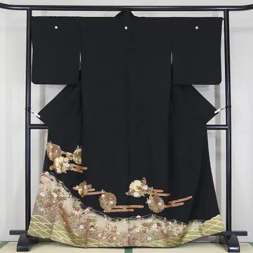 160cm L 사이즈 설륜 금부채 자수 순수 실크 검정 토메소데 b255