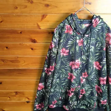 점퍼 블루종 후드티 메쉬 하이비스커스 패턴 보태니컬 무늬 XL