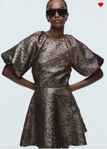 브론즈 엠보싱 가공 플레어 원피스 M-XL 벌룬 슬리브 원피스