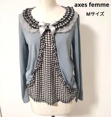 axes femme 새상품급 프릴 리본 포함 블루 긴팔 체크 무늬 상의
