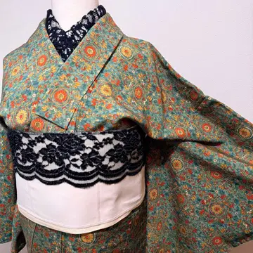 기모노 그린 사라사 문양 이중 기모노 코몬 오리엔탈 실크