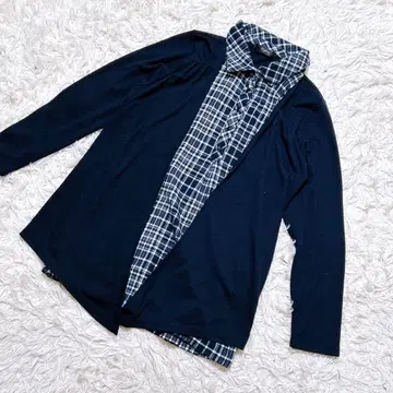 [ c7753 ] 티셔츠 긴팔 레이어드 스타일 네이비 체크 무늬