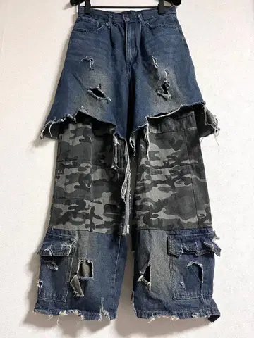 리메이크 데님 팬츠 레이어드 카모 패턴 데미지 데님