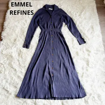 에멜 리파인즈 니트 롱 원피스 긴팔 버튼 네이비 A라인