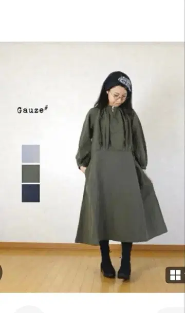 거즈# 리넨코튼 처치 원피스 올리브 그린