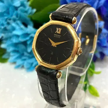 [레어] Seiko 세이코 쿼츠 손목시계 골드 팔각형 블랙