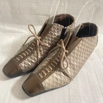 퀼팅 가죽 브론즈 숏부츠 23.5cm 사이드 지퍼