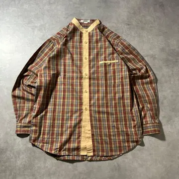 빈티지 밴드 카라 체크 레트로 브라운 디자인 셔츠
