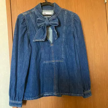 ZARA 리본 타이 데님 블라우스 인디고 컬러