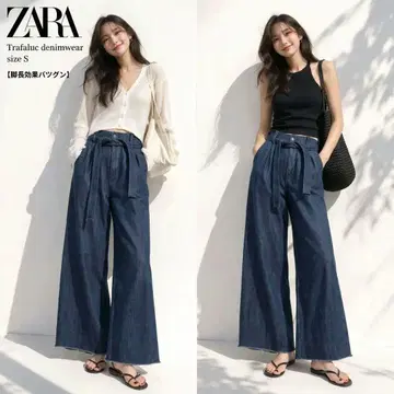 [ 새상품급 ] 자라 ZARA 와이드 데님 팬츠 다크 네이비 리본 S