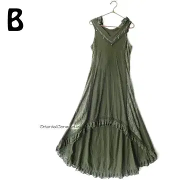 레이스 절개 후드 부착 피쉬테일 맥시 길이 플레어 원피스B