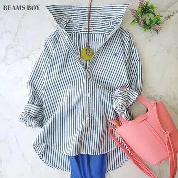 컨디션 최상 빔즈 보이 블루 스트라이프 긴팔 셔츠 면 100% 버튼 다운
