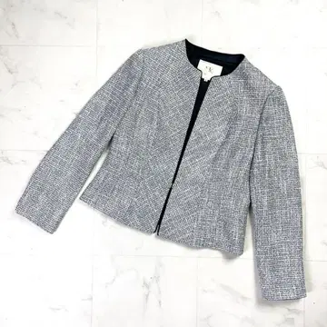 새상품급 유키코 키미지마 라메 트위드 노카라 자켓 그레이 13*MD331