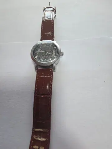 자동 태엽 스켈레톤 손목시계 브라운 가죽