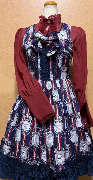 장미 이름 패턴 리본 오버롤 스커트 네이비 ALICE and the