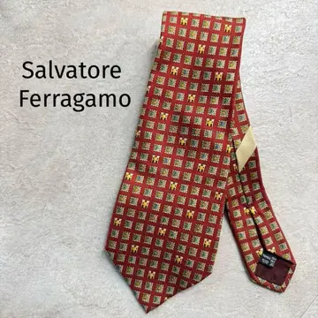 [컨디션 최상] 살바토레 페라가모 넥타이 올 패턴 레드 실크 이탈리아제