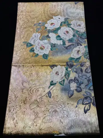 [미사용품] 후쿠로 오비 금박 흰 동백꽃 색감이 멋진 반짝반짝 육통