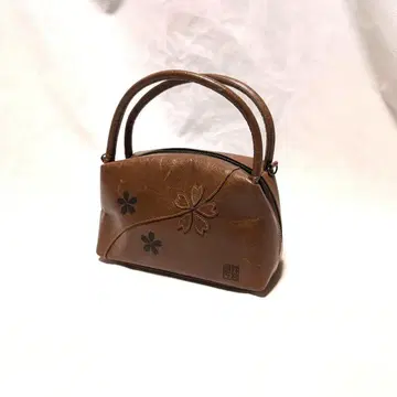 [ vintage ] 90s 벚꽃 패턴 리얼 가죽 핸드백 브라운 일본제