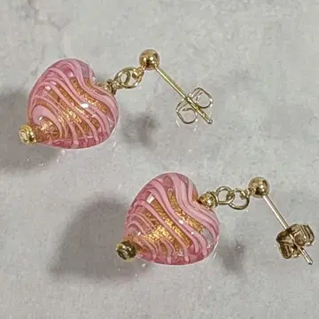 베네치아 유리 하트 골드 핑크 귀찌 귀걸이