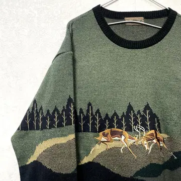 디자인 니트 올 패턴 빈티지 레트로 자수 사슴 루돌프 어스 컬러