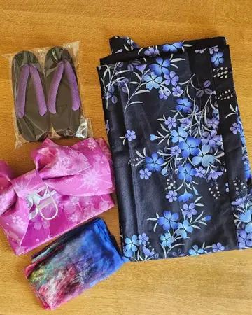 블랙 파랑 꽃무늬 유카타 오비 일본 나막신 5종 세트