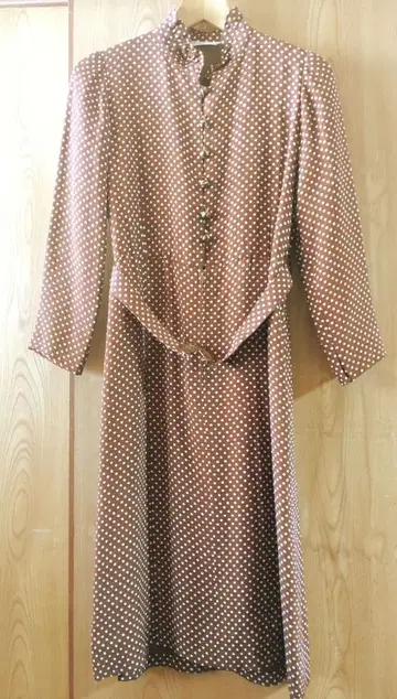 쇼와 레트로 구제 의류 도트 긴팔 원피스 벨트 포함