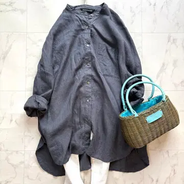 미즈이로 인드 린넨 100% 밴드 카라 롱 셔츠 원피스 루즈핏