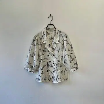 빈티지 올 패턴 셔츠 퍼프 슬리브 화이트 블랙 아트 M 돌먼 체형 커버