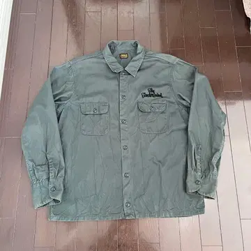 텐더 로인 워크 셔츠 헤링본 그린 자수 로고 사이즈 L