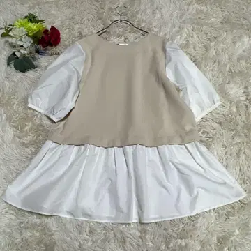 [ 미쉘클랑 ] 절개 원피스(38) 베이지 화이트 반팔 플레어