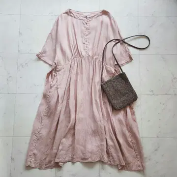 새상품급 네스트로브 린넨 천연염색 원피스 린넨 100% 핑크 일본제