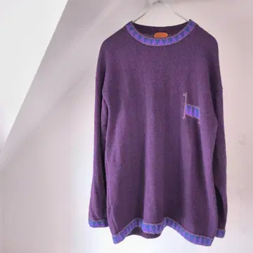 페루산 알파카 100% 손뜨개질 자수 크루넥 니트 스웨터 보라색 파랑