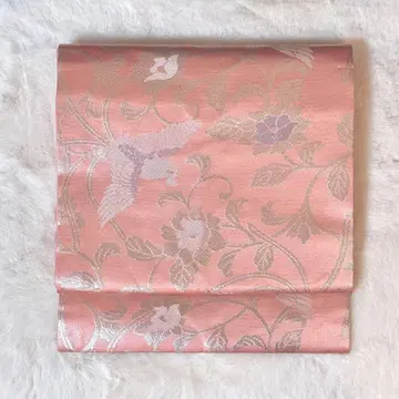 새상품급 꽃+덩굴 패턴 봉황 복숭아색 플라티나 실버 은 직조 나고야 오비