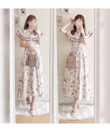 폭스 & 플라워 투왈 드 주이 프린트 케이프 칼라 허리 셔링 원피스