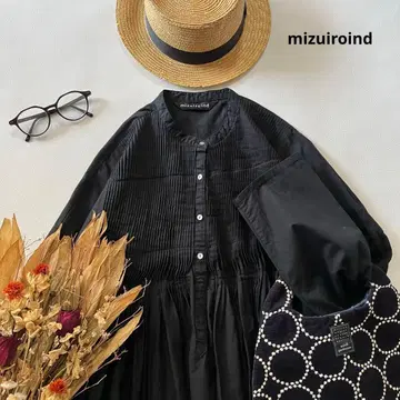 b1638* 미즈이로 인드 핀턱 자수 코튼 셔츠 원피스