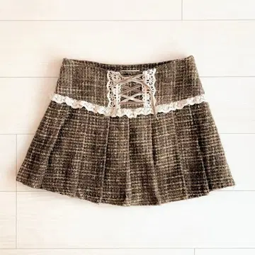 LIZLISA 브라운 트위드 스커트 레이스업 레이스