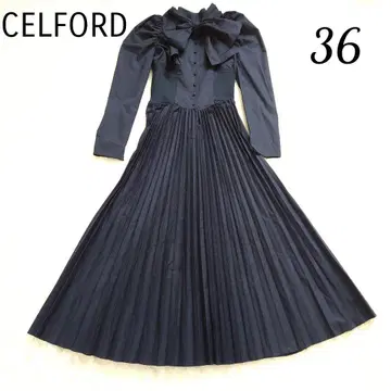 CELFORD 코르셋 리브 플리츠 롱 원피스 가슴 리본