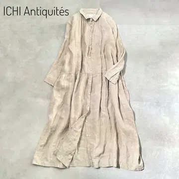 이치앤티크 린넨 100% 개더 롱 셔츠 원피스 베이지