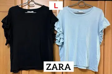 ZARA 소매 프릴 티셔츠 2장 L 블루 블랙 티셔츠