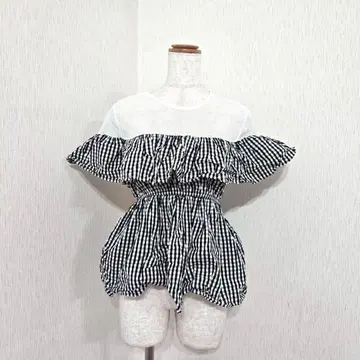 Narcissus 깅엄 체크 프릴 튜닉 메쉬 (M) 화이트 블랙