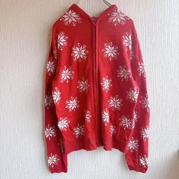 해외 수입 사진 잘 나오는 빨간색 눈송이 올 패턴 니트 후드티 집업 눈꽃
