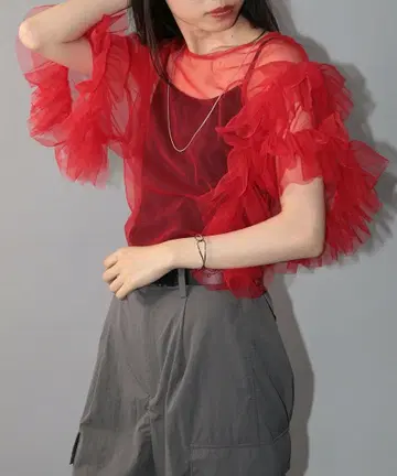 새상품 비대칭 튤 레이스 블라우스 튤 프릴 상의 테라스