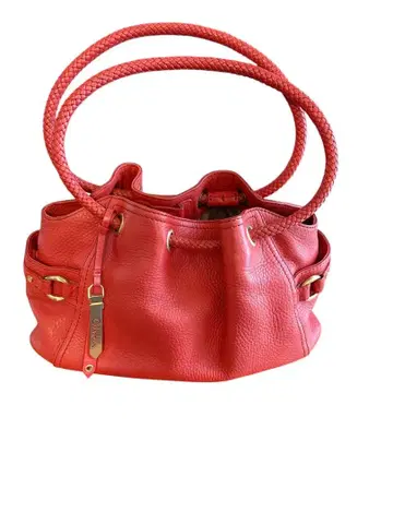 콜한 가죽 복조리 백 레드 뜨개질 핸들 천연 가죽