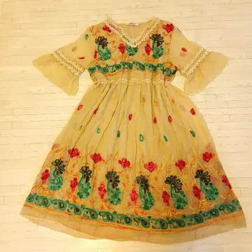 빈티지풍 꽃무늬 자수 시어 원피스 에스닉 보헤미안 튤